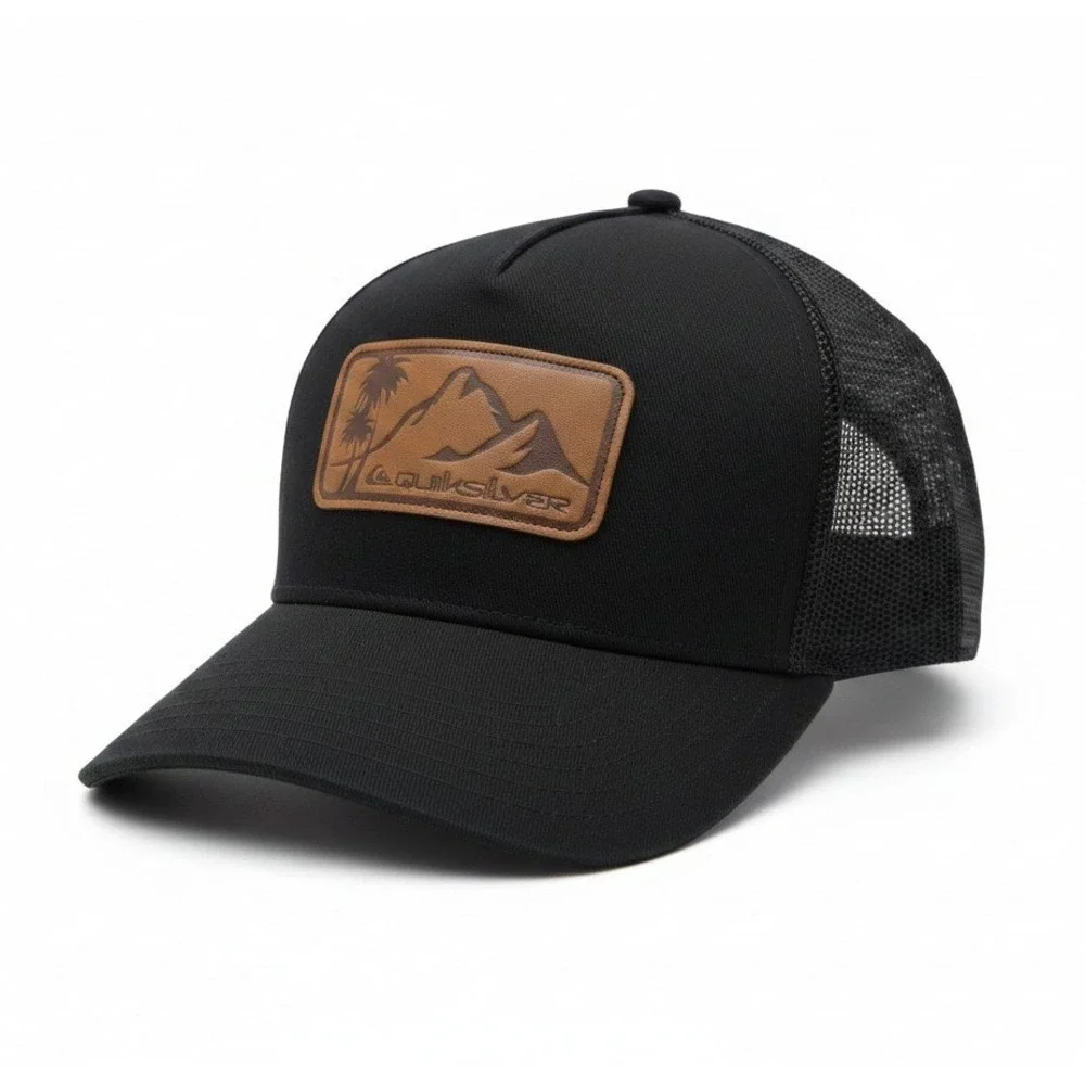 Quiksilver Black Trucker Hat Mountain‎ Palm Leather Patch Snapback QS001453Y NEW